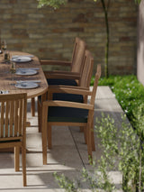 Teak Oval 180-240cm Extending Table 4cm Top (8 Henley Stacking Chairs) cushions included.