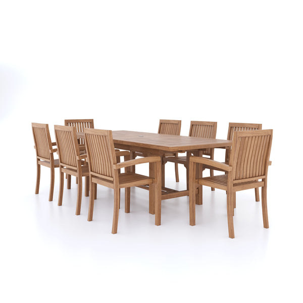 Teak Rectangle 180-240cm Extending Table 4cm Top (8 Henley Stacking Chairs) Cushions included.