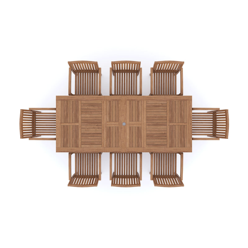 Teak Rectangle 180-240cm Extending Table 4cm Top (8 Henley Stacking Chairs) Cushions included.