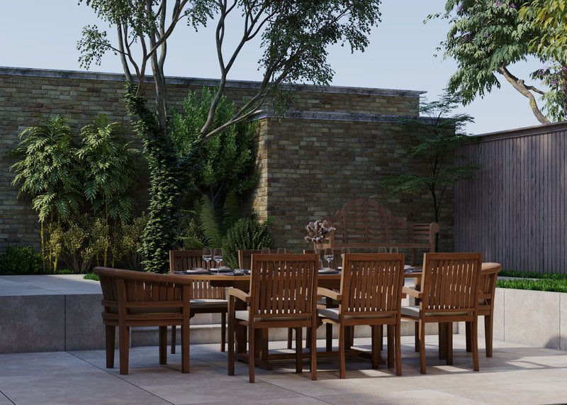 Teak 180-240cm Oval Extending Table 4cm Top (6 Henley Stacking Chairs 2 San Francisco Chairs) Cushions included.