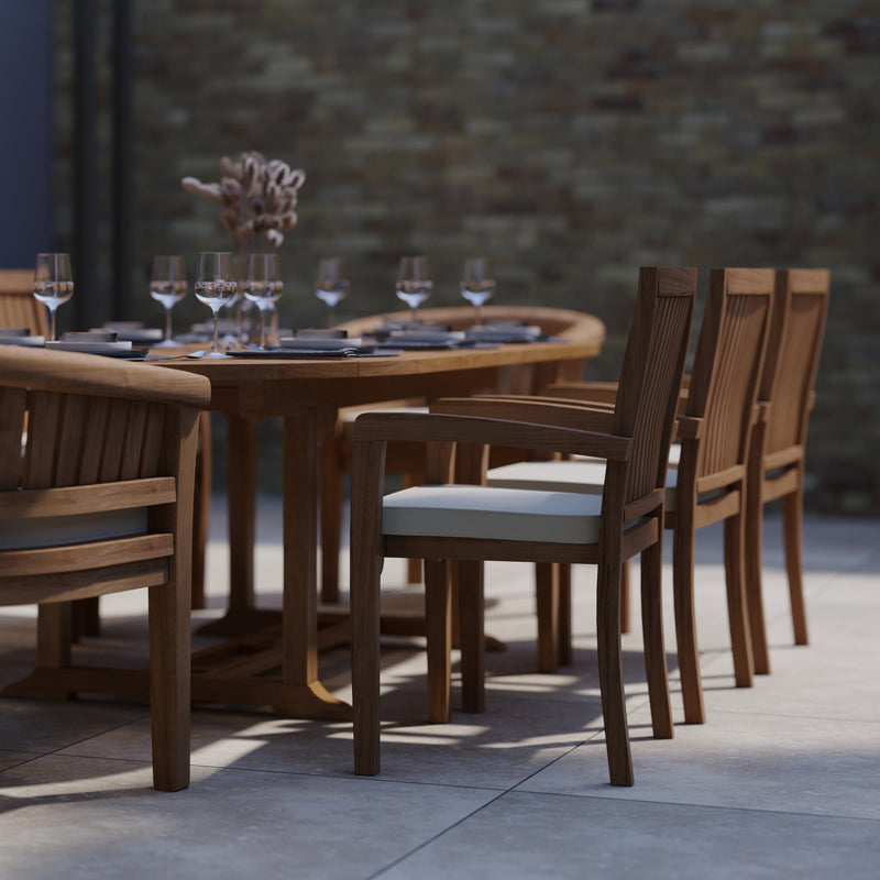 Teak 180-240cm Oval Extending Table 4cm Top (6 Henley Stacking Chairs 2 San Francisco Chairs) Cushions included.