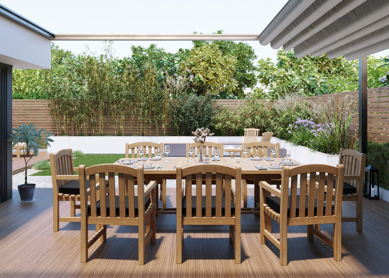 Teak 180-240cm Rectangle Extending Table 4cm Top (with 8 Warwick Chairs) Cushions included.