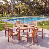 Luxor 150cm Round Table 4cm Top (6 Oxford Stacking Chairs) Cushions included- Contemporary Teak Garden Dining Set Product Details – Australian outdoor lifestyle setting