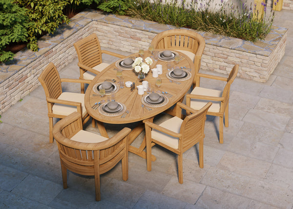 Teak Set 2m Sunshine Oval table 4cm Top (with 4 Oxford Stacking Chairs, 2 San Francisco Chairs) Cushions included.