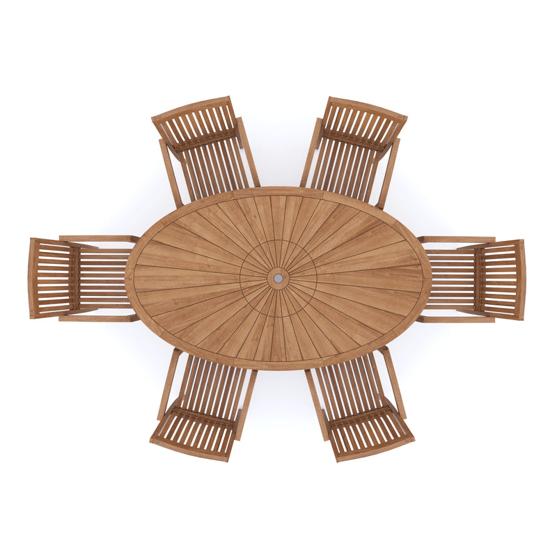 Teak Set 2m Sunshine table 4cm Top (with 6 Henley Stacking Chairs) Cushions included.