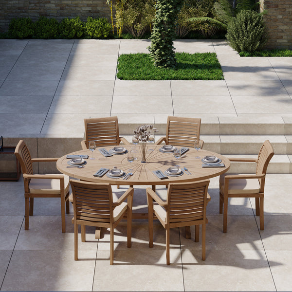 Teak Set 2m Sunshine table 4cm Top (with 6 Oxford Stacking Chairs) Cushions included.