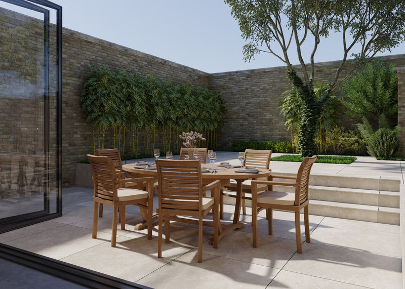Teak Set 2m Sunshine table 4cm Top (with 6 Oxford Stacking Chairs) Cushions included.