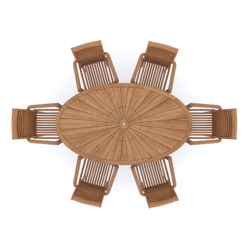 Teak Set 2m Sunshine table 4cm Top (with 6 Oxford Stacking Chairs) Cushions included.