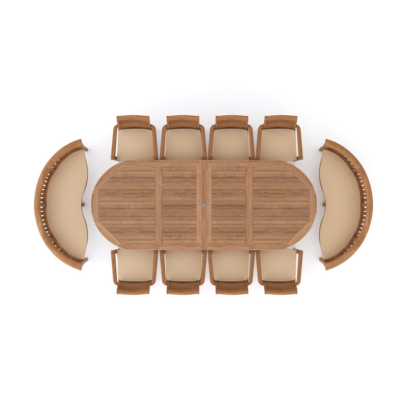 Teak Oval 2-3m Extending Table 4cm Top (8 Oxford Stacking Chairs 2 San Francisco Benches) Free Cushions.