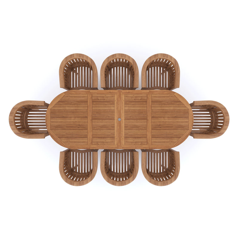 Teak Set Oval 2-3m Extending Table 4cm Top (8 San Francisco Chairs) Cushions included.