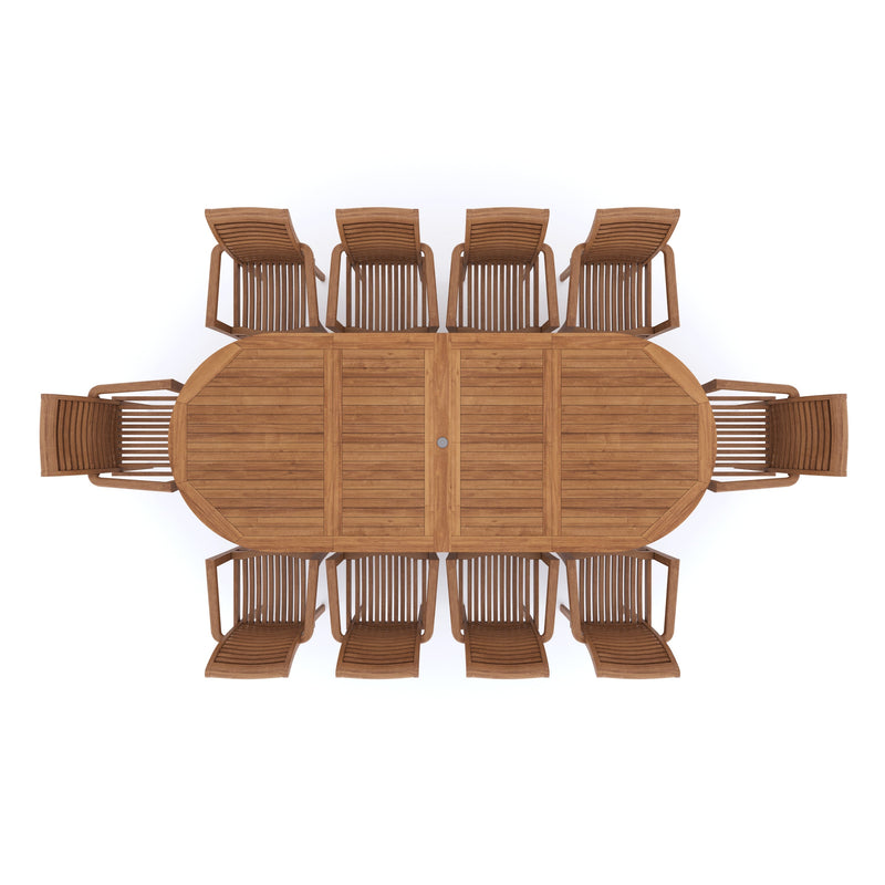 Teak 2-3m Oval Extending Table 4cm Top (10 Oxford Stacking Chairs) Cushions included.