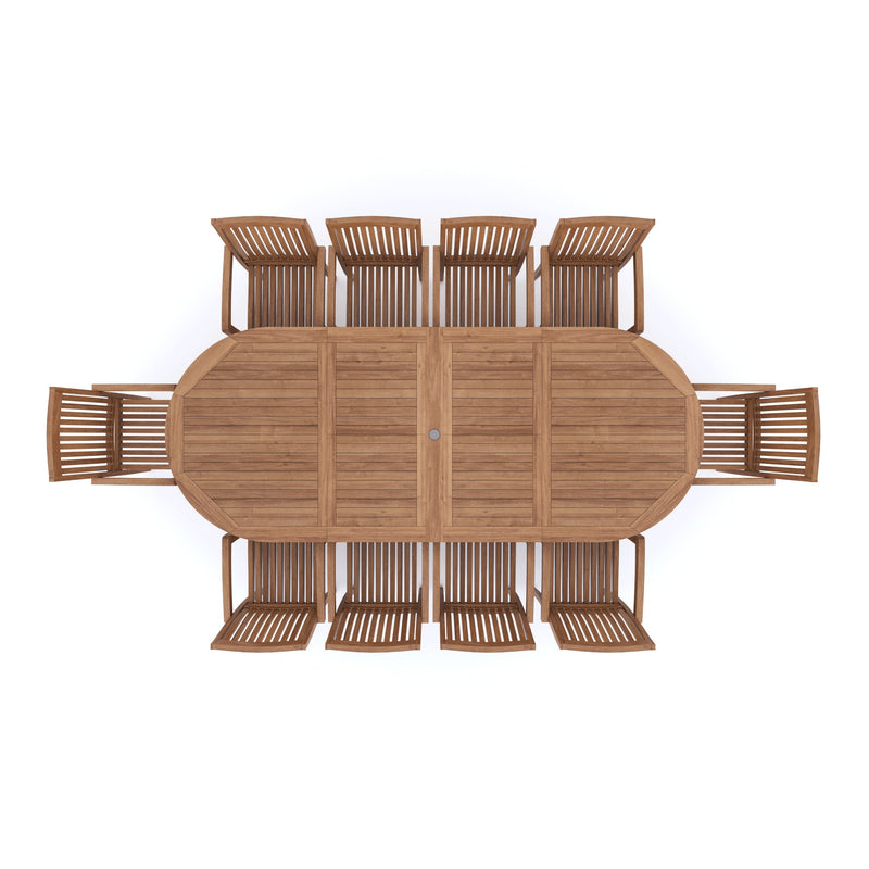 Teak 2-3m Oval Extending Table 4cm Top (10 Henley Stacking Chairs) Cushions included.