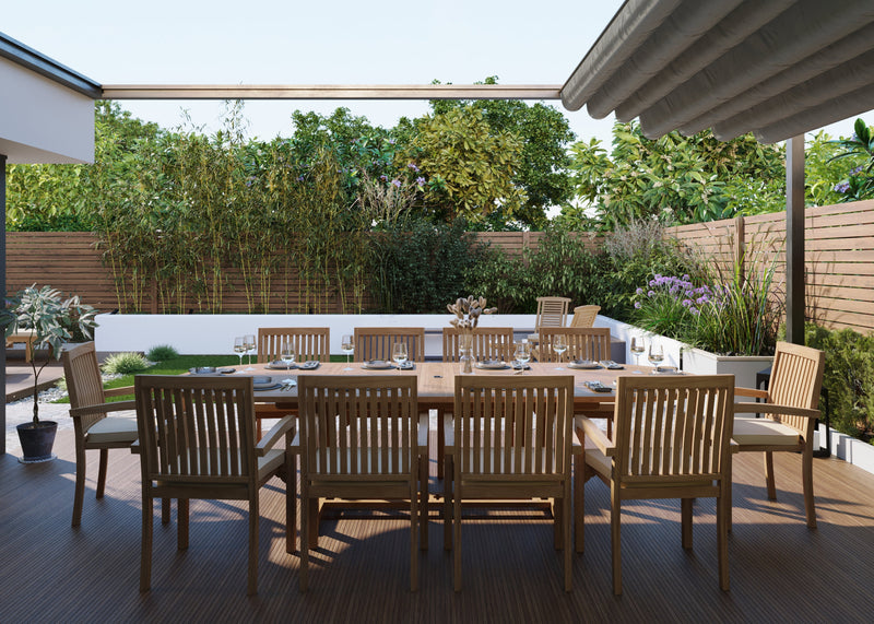 Teak 2-3m Oval Extending Table 4cm Top (10 Henley Stacking Chairs) Cushions included.
