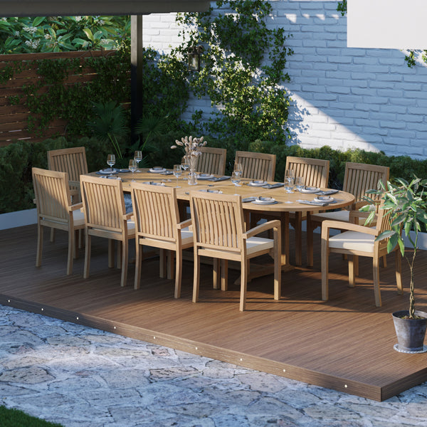Teak 2-3m Oval Extending Table 4cm Top (10 Henley Stacking Chairs) Cushions included.