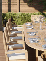 Teak 2-3m Oval Extending Table 4cm Top (10 Henley Stacking Chairs) Cushions included.