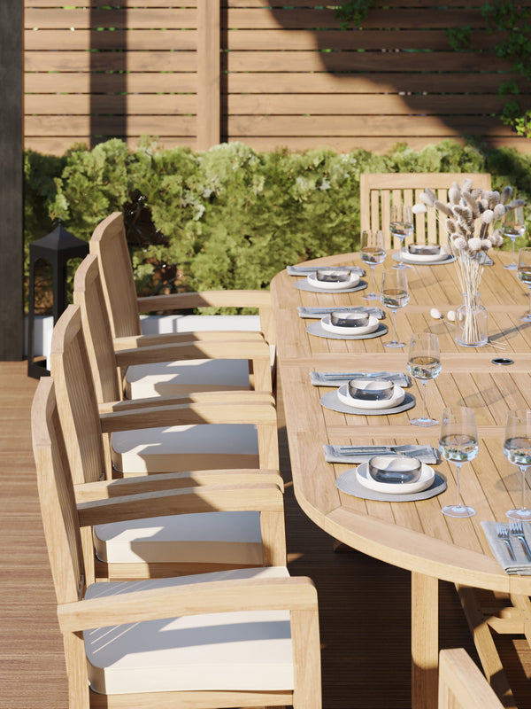 Teak 2-3m Oval Extending Table 4cm Top (10 Henley Stacking Chairs) Cushions included.