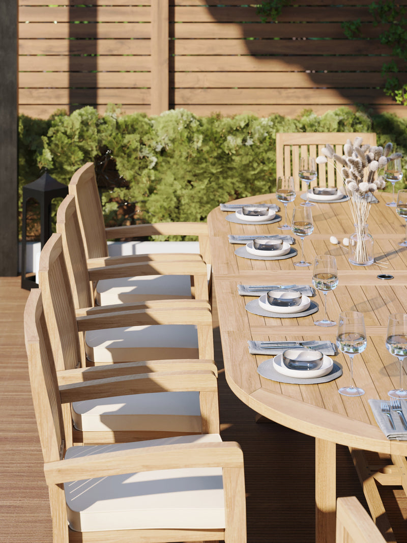 Teak 2-3m Oval Extending Table 4cm Top (10 Henley Stacking Chairs) Cushions included.