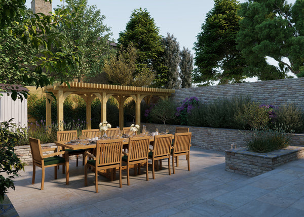Teak Set 200-300cm Rectangle Extending Table 4cm Top (10 Henley Stacking Chairs) Cushions included.