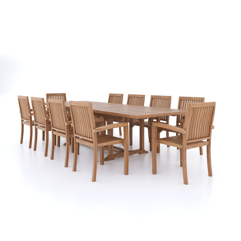 Teak Set 200-300cm Rectangle Extending Table 4cm Top (10 Henley Stacking Chairs) Cushions included.