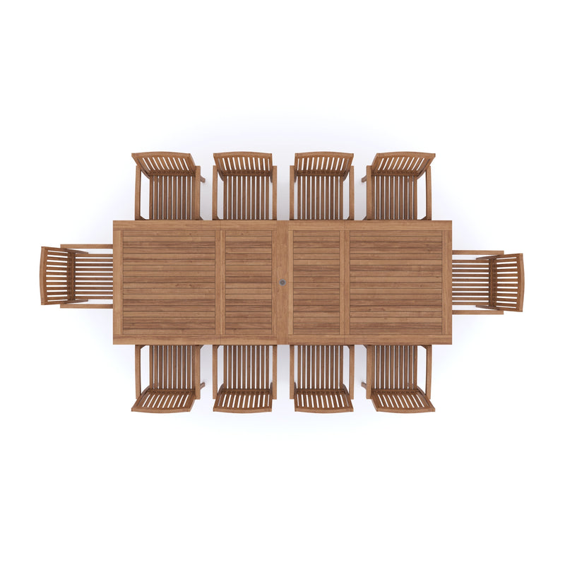 Teak Set 200-300cm Rectangle Extending Table 4cm Top (10 Henley Stacking Chairs) Cushions included.