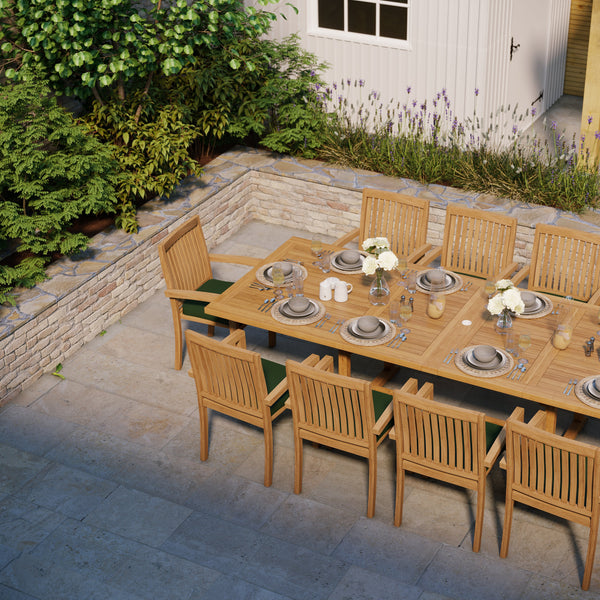 Teak Set 200-300cm Rectangle Extending Table 4cm Top (10 Henley Stacking Chairs) Cushions included.
