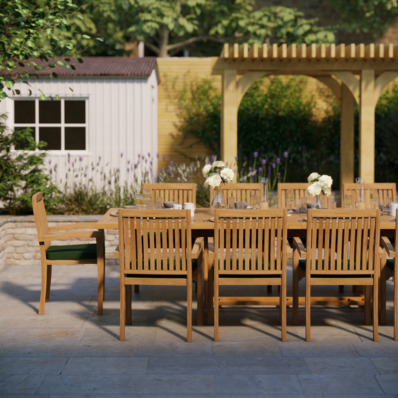 Teak Set 200-300cm Rectangle Extending Table 4cm Top (10 Henley Stacking Chairs) Cushions included.