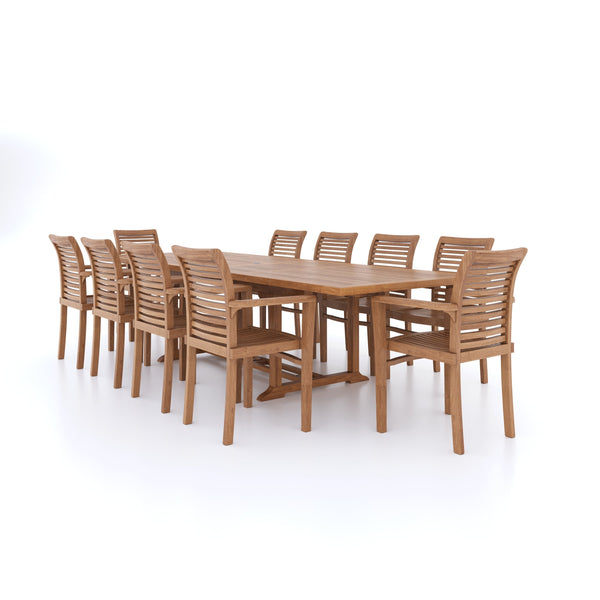 Teak Set 200-300cm Rectangle Extending Table 4cm Top (10 Oxford Stacking Chairs) Cushions included.