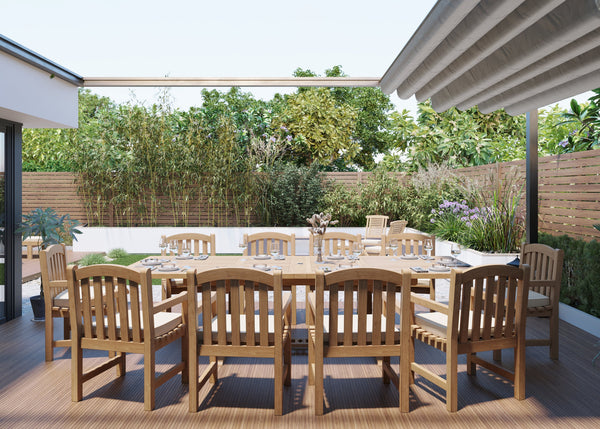 Teak 2-3m Rectangle Extending Table 4cm Top (10 Warwick Chairs) Cushions included.