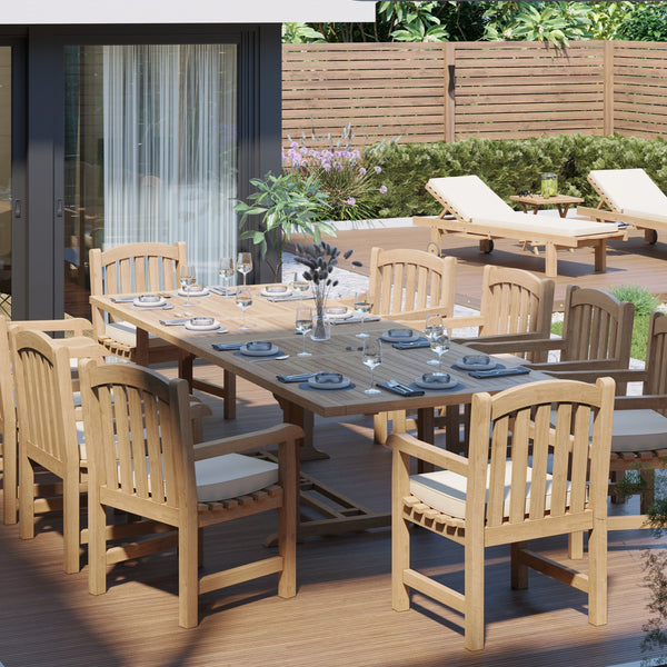 Teak 2-3m Rectangle Extending Table 4cm Top (10 Warwick Chairs) Cushions included.