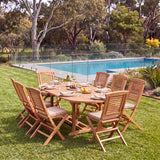 Teak Oval 180-240cm Extending Table 4cm Top (8 Hampton Chairs) - Premium Teak Outdoor Dining Set – Australian outdoor lifestyle setting