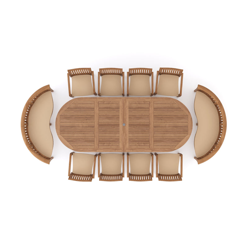 Teak 2-3m Oval Extending Table 4cm Top (8 Henley Stacking Chairs 2 San Francisco Benches) Free Cushions.