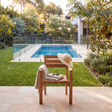 4 x Marlow Teak Stacking Chairs with Cushions – Contemporary Outdoor Seating Chair Set – Australian outdoor lifestyle setting