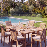 Teak Square to Rectangle 120-170cm Extending Table 4cm Top (6 Oxford Stacking Chairs) Cushions included – Premium Teak Garden Furniture Set – Australian outdoor lifestyle setting