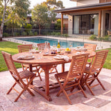 Teak Round to Oval 120-170cm Extending Table 4cm Top (6 Hampton Folding Chairs) - Versatile Teak Outdoor Dining Set – Australian outdoor lifestyle setting