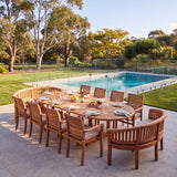 Teak Oval 2–3m Extending Table 4cm Top (8 Oxford Stacking Chairs, 2 San Francisco Benches): Large Dining Set for Outdoors – Australian outdoor lifestyle setting