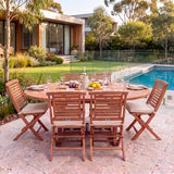 Teak Round to Oval 120-170cm Extending Table 4cm Top (6 Hampton Folding Chairs) - Versatile Teak Outdoor Dining Set – Australian outdoor lifestyle setting