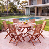 Teak 120cm Round Sunshine Folding Table 4cm Top (6 Folding Chairs) Cushions Included - Premium Teak Garden Furniture Set – Australian outdoor lifestyle setting