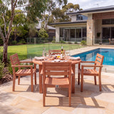 Teak Set 120cm Maximus Round Fixed Table, 4cm Top (4 x Marlow Stacking Chairs) Cushions Included: Beautiful Outdoor Teak Seat – Australian outdoor lifestyle setting