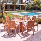 Teak Set 180cm Maximus Round Table 4cm Top (8 Henley Stacking Chairs) Cushions Included: Minimalist Round Outdoor Dining Set – Australian outdoor lifestyle setting