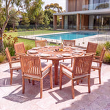 Teak Set 180cm Maximus Round Table 4cm Top (8 Henley Stacking Chairs) Cushions Included: Minimalist Round Outdoor Dining Set – Australian outdoor lifestyle setting
