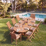 Teak 180–240cm Oval Extending Table (6 Hampton Chairs & 2 Oxford Stacking Chairs) Cushions Included – Premium Teak Garden Dining Set – Australian outdoor lifestyle setting