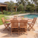 Teak Round to Oval 120-170cm Extending Table 4cm Top (6 Hampton Folding Chairs) - Versatile Teak Outdoor Dining Set – Australian outdoor lifestyle setting