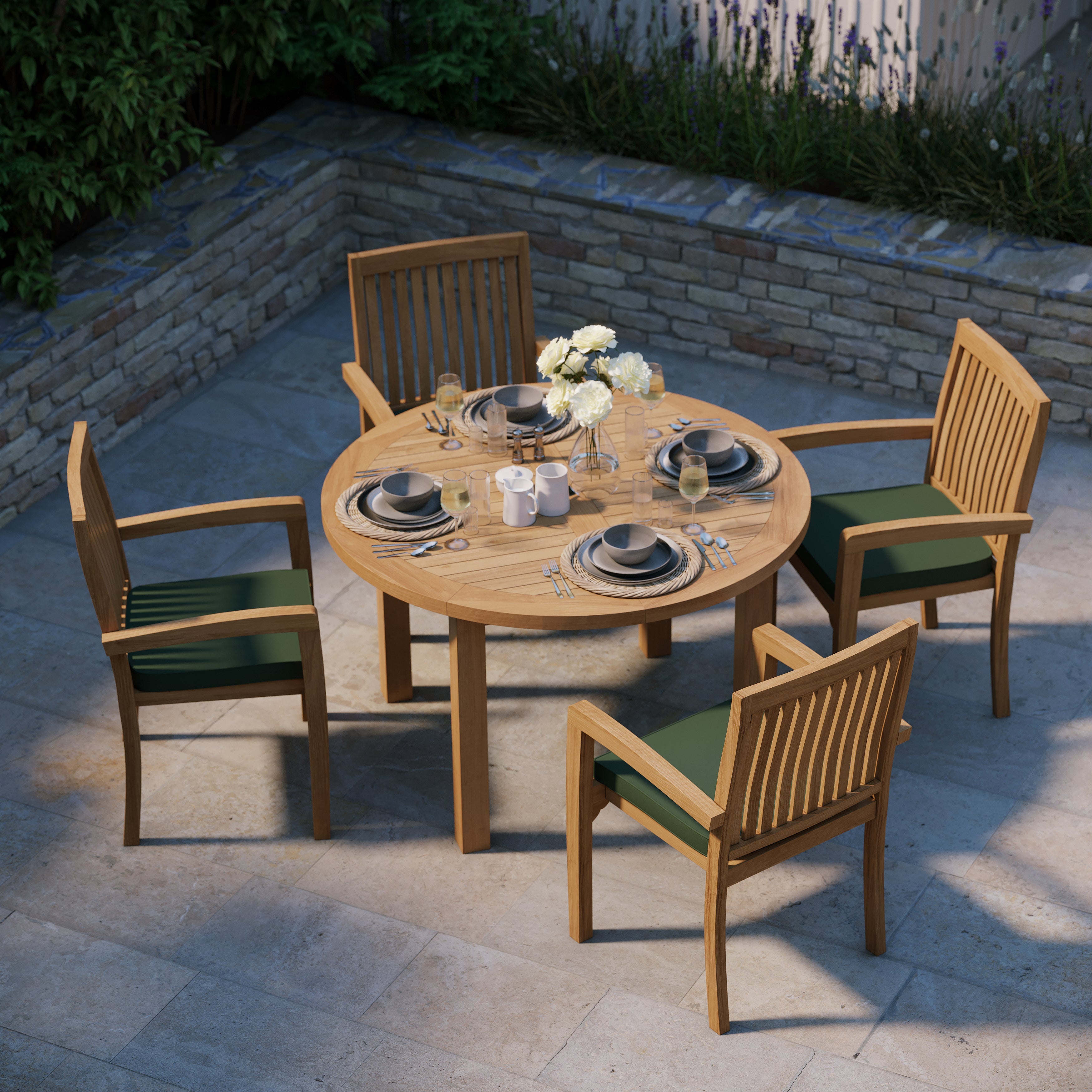 Teak Set 120cm Maximus Round Fixed Table, 4cm Top (4 x Henley Stacking