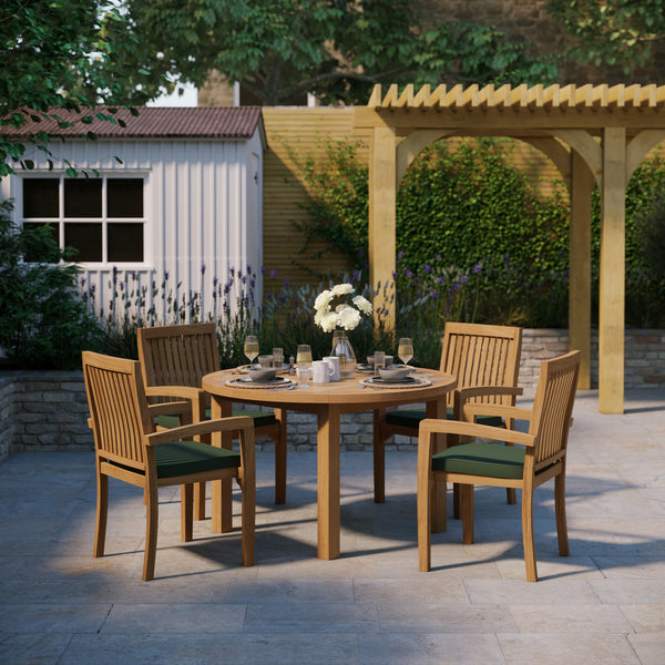 Teak Set 120cm Maximus Round Fixed Table, 4cm Top (4 x Henley Stacking Chairs) Cushions included.