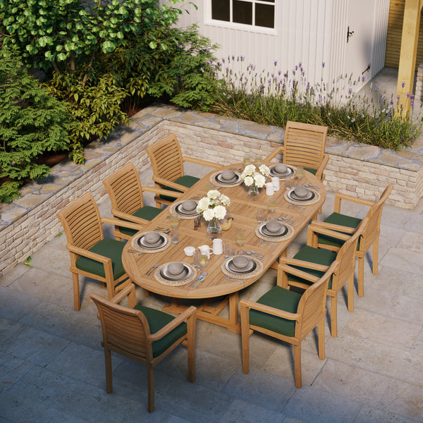 Teak Oval 180-240cm Extending Table 4cm Top (8 Oxford Stacking Chairs) cushions included.