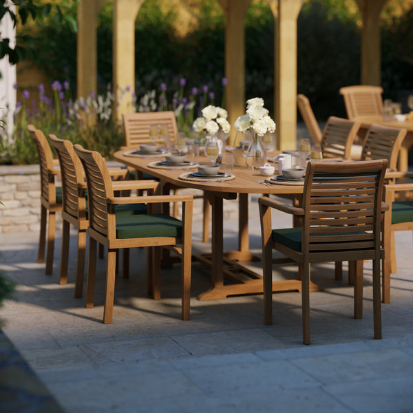 Teak Oval 180-240cm Extending Table 4cm Top (8 Oxford Stacking Chairs) cushions included.