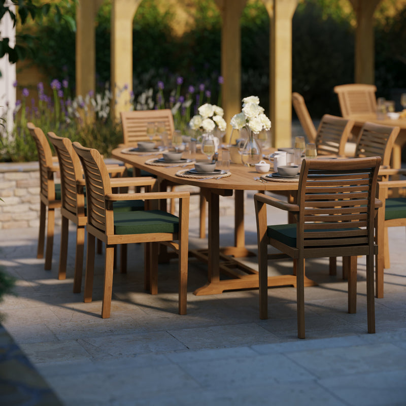 Teak Oval 180-240cm Extending Table 4cm Top (8 Oxford Stacking Chairs) cushions included.