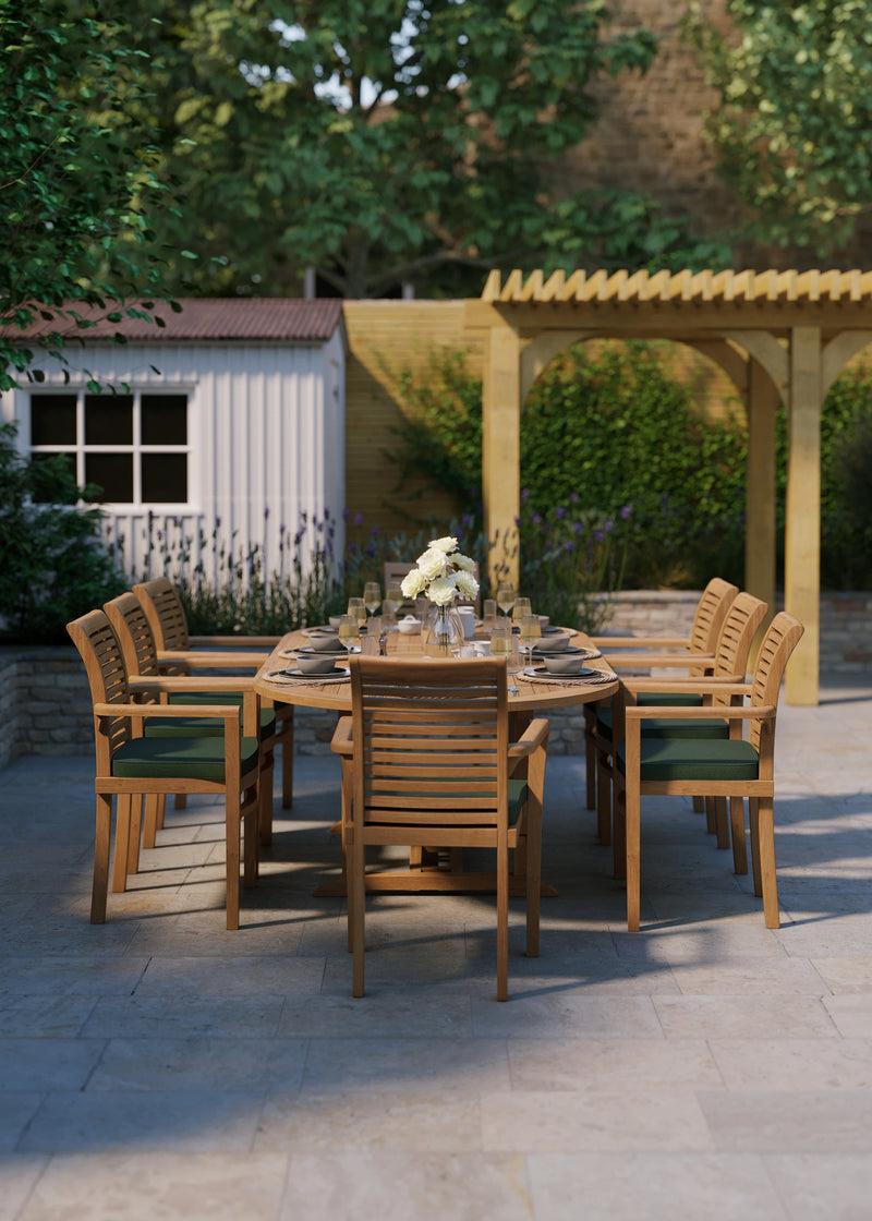 Teak Oval 180-240cm Extending Table 4cm Top (8 Oxford Stacking Chairs) cushions included.