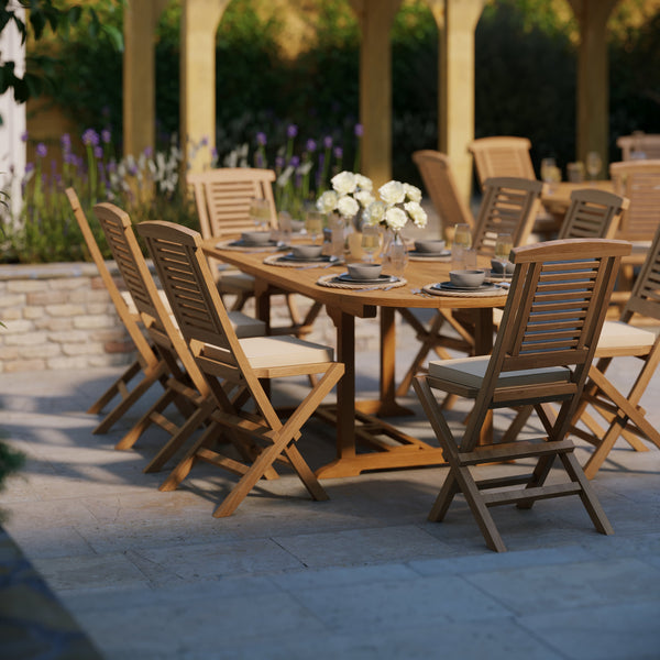 Teak Oval 180-240cm Extending Table 4cm Top (8 Hampton Chairs) Cushions included.