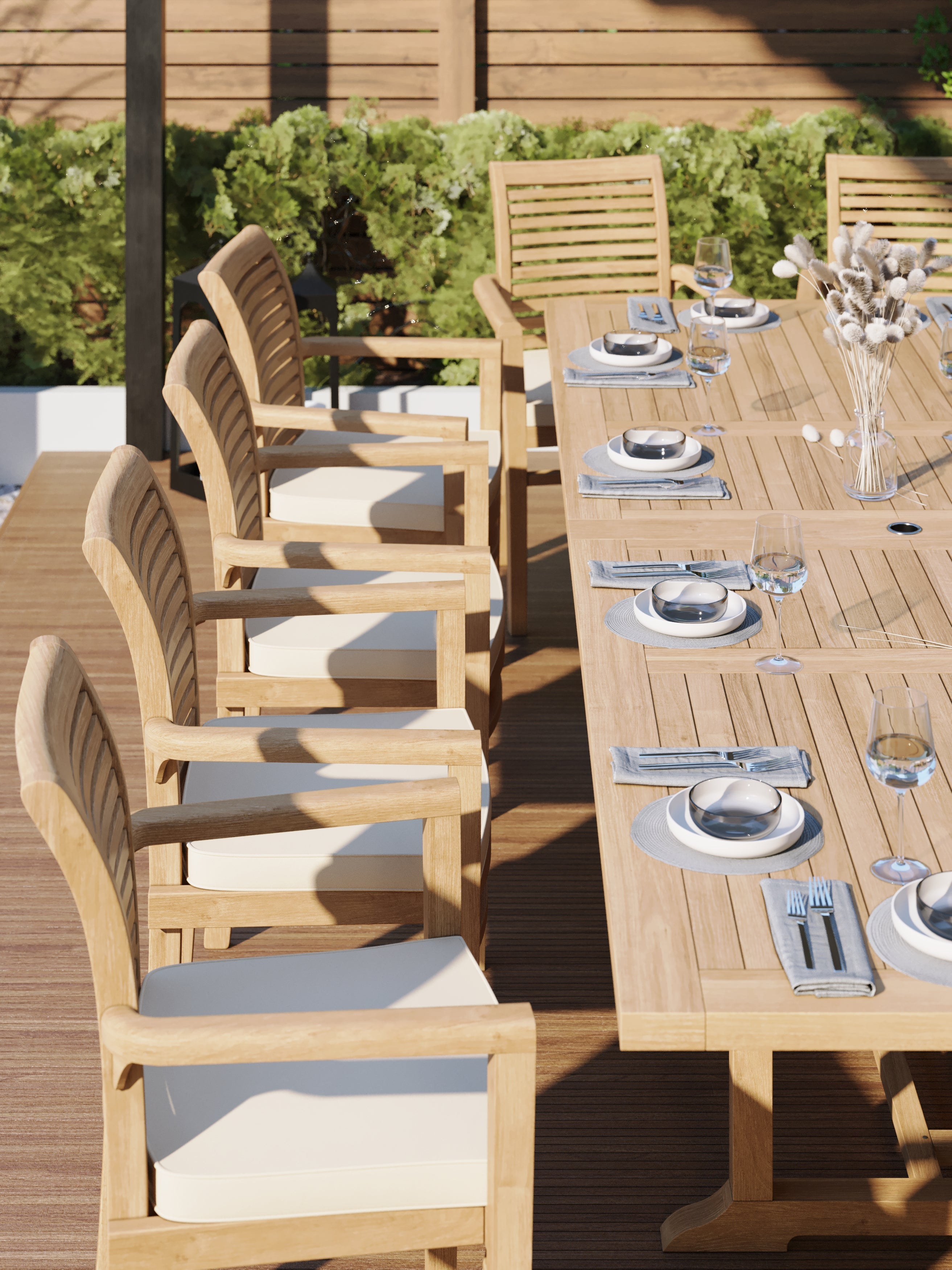 Giant Teak Set 2–3m Rectangle Extending Table 12 Oxford Stacking Chair